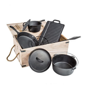 Pré-Temperado 7 Peça Ferro Fundido Holandês Forno Camping Cooking Set